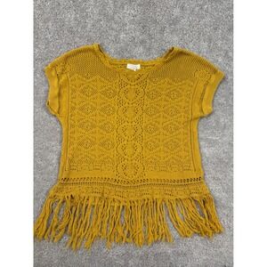 Sun & Shadow Mustard Yellow Crochet Fringe Top Short Sleeve Women's M